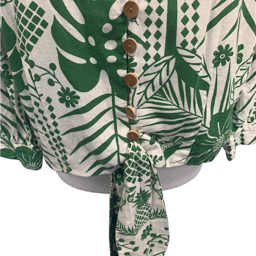 Maison d'Amélie Anthropology Blouse Linen 3/4 Sleeve Boho Resort Green/White L - Picture 6 of 11